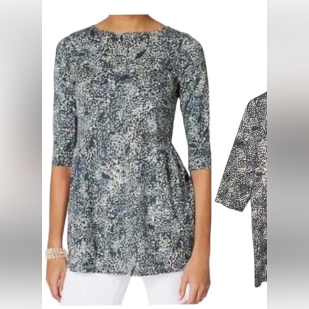 J Jill PureJill Multicolored Grey Shirred Waist 3/4 Sleeve Cotton Modal Tunic PM